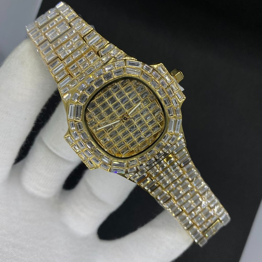 18K Real Fully Gold Lab Diamond Covered Men's Iced Out Luxury Brand Iced Out Wat
